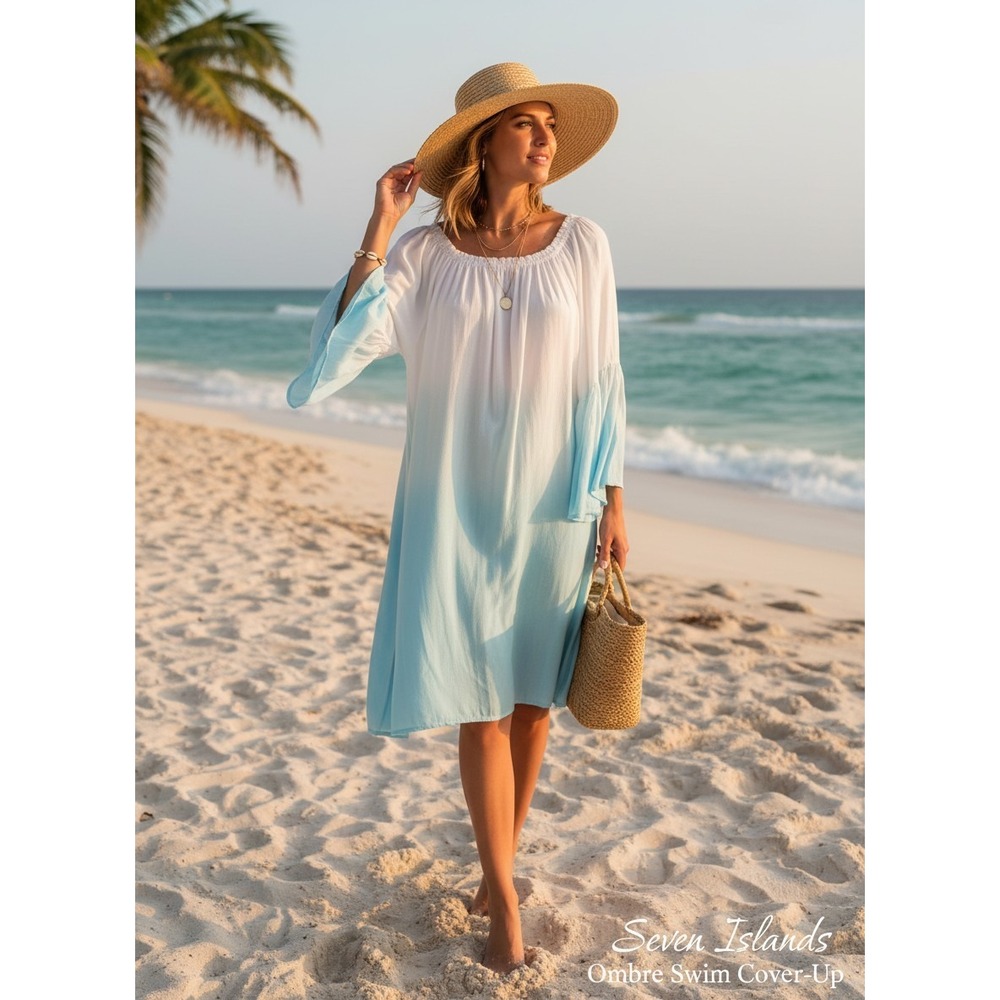 Seven Islands Ombre Swim Cover-Up/ Tunic Light Blue Dress Size Large